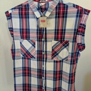 NWT Levi's Sleeveless Plaid Button-Down Shirt 100% Cotton Womens Small